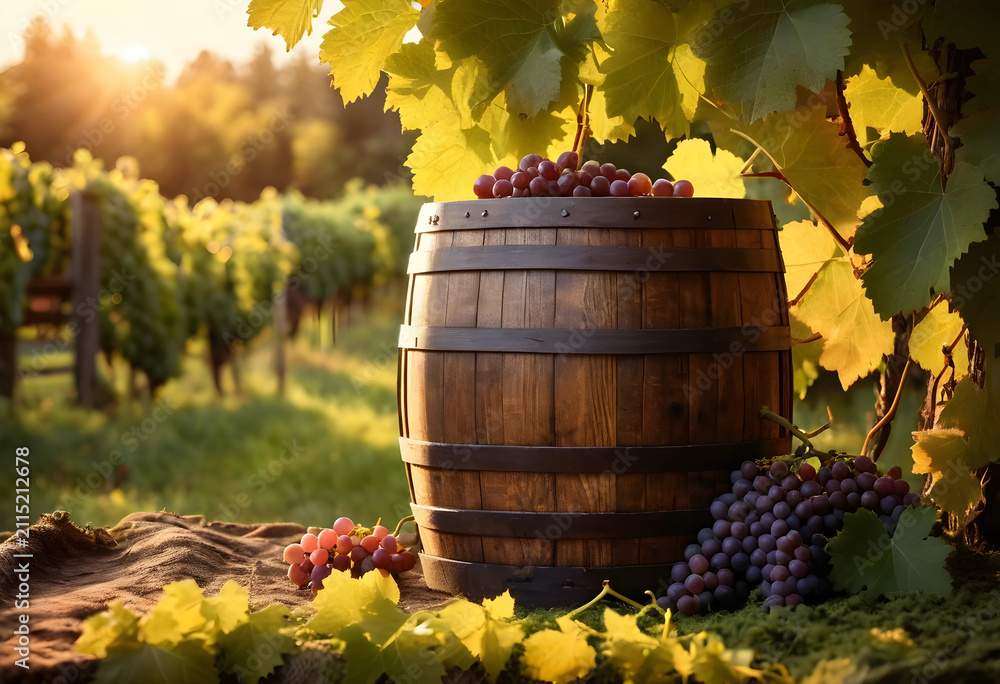 Obraz premium Wooden wine barrel with fresh red grapes and green leaves in a sunny vineyard at sunset, Bathed in the warm glow of a sunset, the agricultural process of winemaking