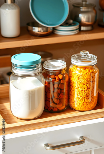 Three glass jars with milk,...