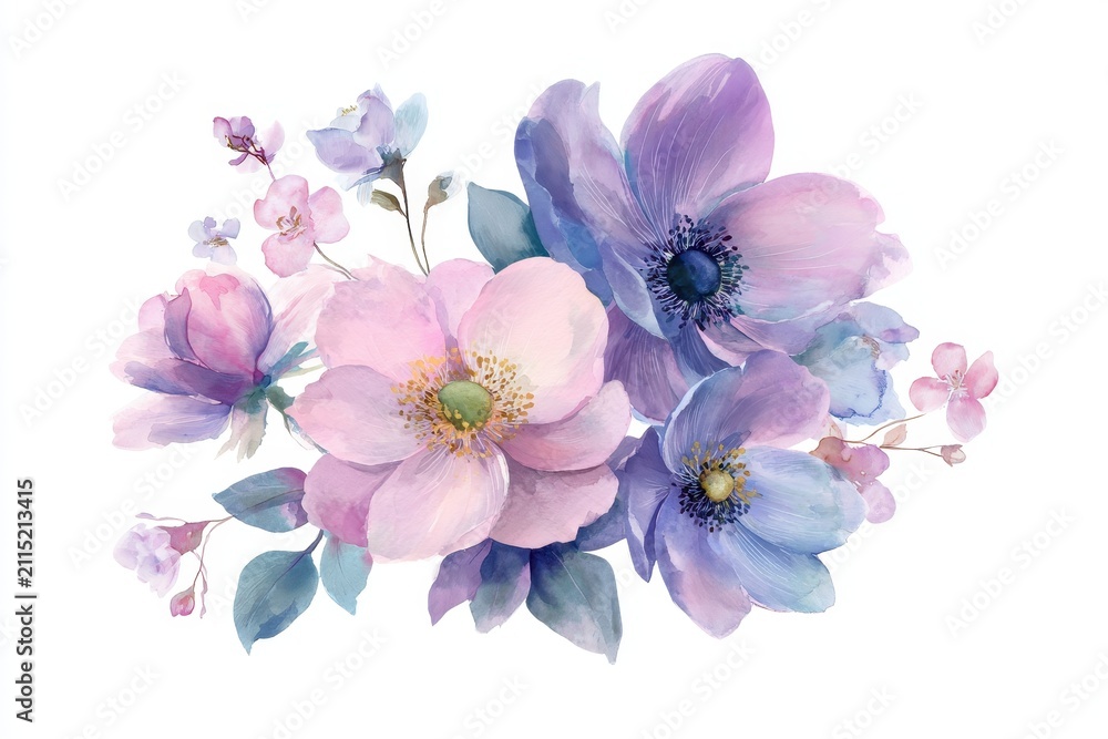 Obraz premium Delicate watercolor floral illustration: anemone and rose on white