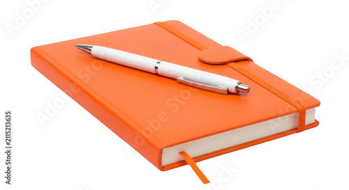 Orange notebook with a white pen isolated on transparent background