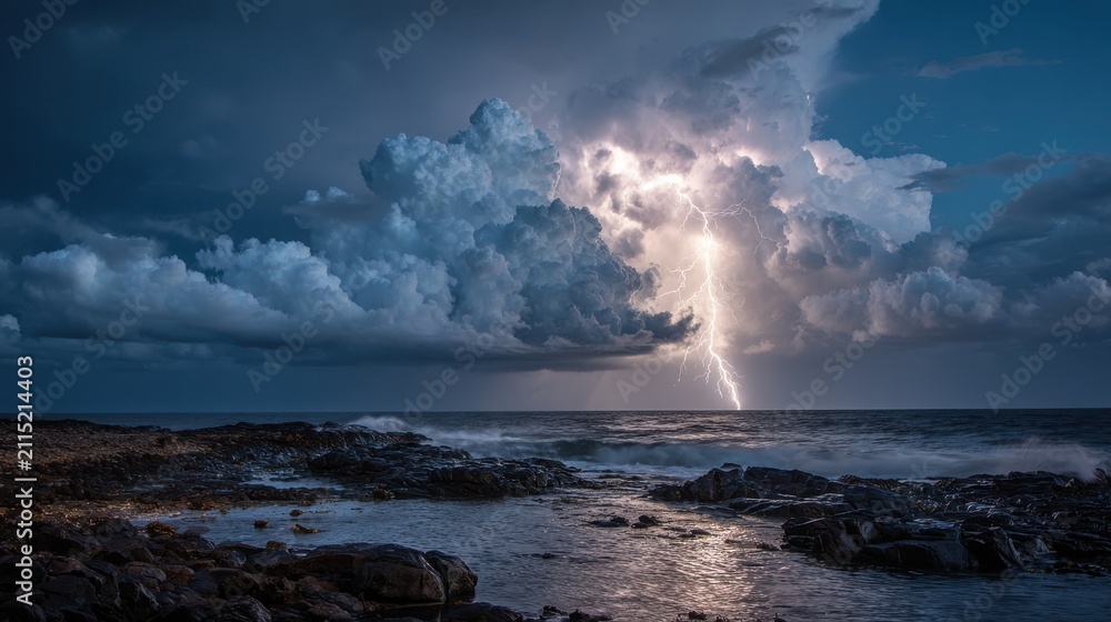 Fototapeta premium Rugged shoreline under a powerful storm with lightning flashes
