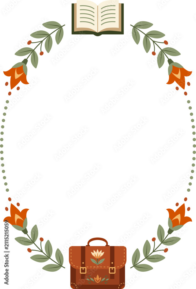 Fototapeta premium Back to School Floral Frame Vector Template with Open Book, School Satchel and Copy Space