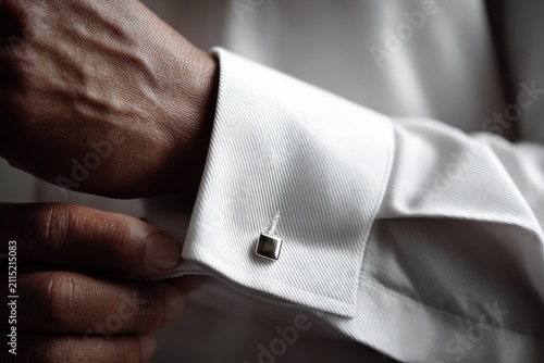 Macro shot of fabric weave and metal cufflink on a dress shirt cuff