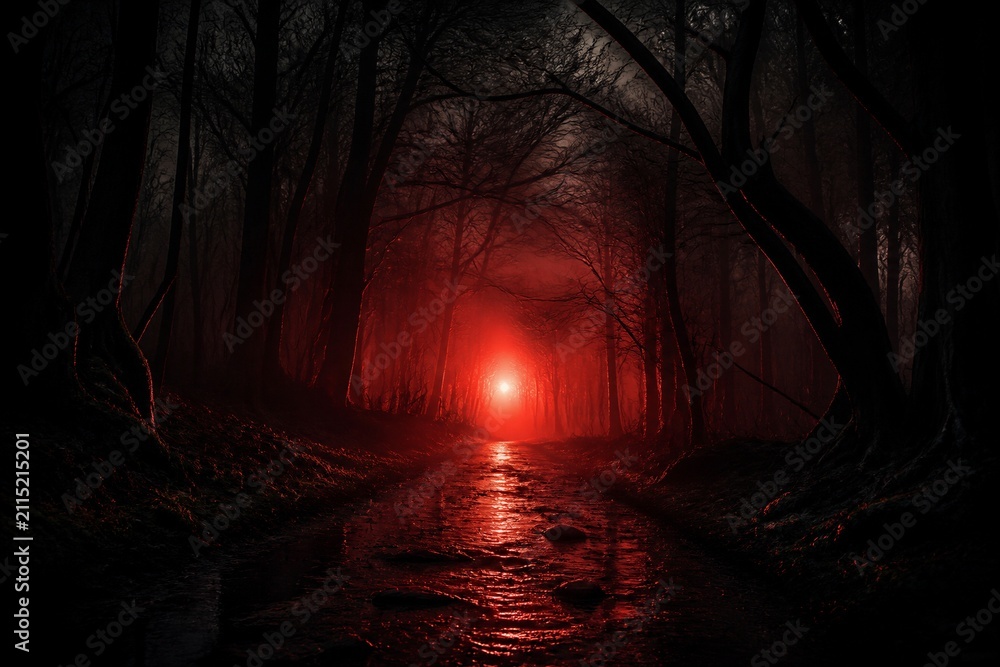 Obraz premium Dark forest path illuminated by distant red light and reflections