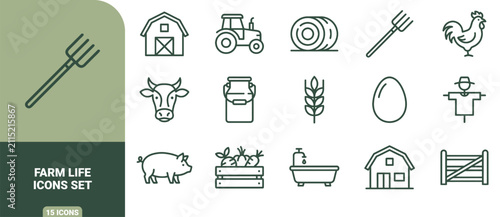 Bild auf Leinwand Farm life icons set featuring barn, tractor, hay bale, pitchfork, rooster, cow,