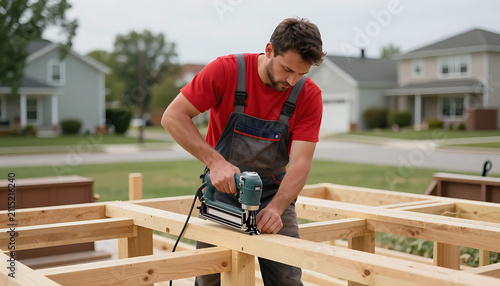 A man in red overalls and a t-shirt meticulously uses a staple gun to join wooden beams on a newly constructed outdoor frame.