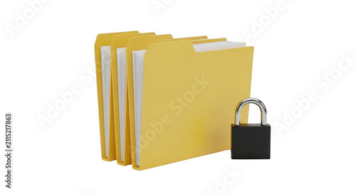 Yellow file folders with a lock isolated on transparent background