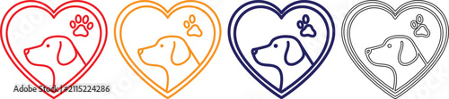 Four distinct stylized illustrations of dog heads with paw prints inside heart shapes showcasing different color outlines in red orange navy blue and black line art on a clean white backdrop