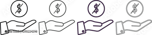 Illustrations of an open hand holding a coin with a slash through it symbolizing no money no cost zero price or financial transaction isolated on transparent background