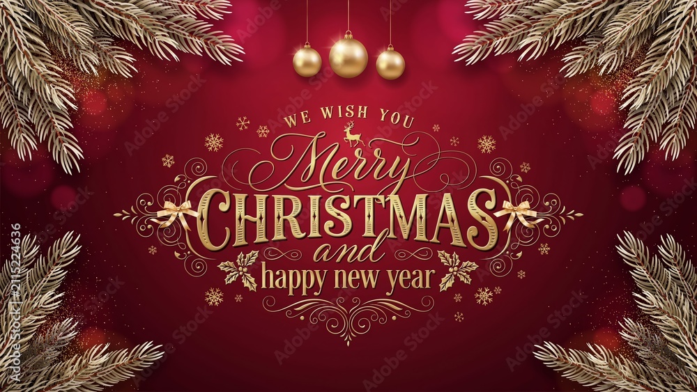 Obraz premium Gold Christmas and New Year Typographical on red Xmas background with winter landscape with snowflakes, light, stars. Merry Christmas card. Vector Illustration