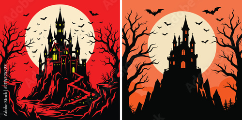 Bild auf Leinwand Spooky Halloween haunted castle silhouette, gothic fortress with full moon and b