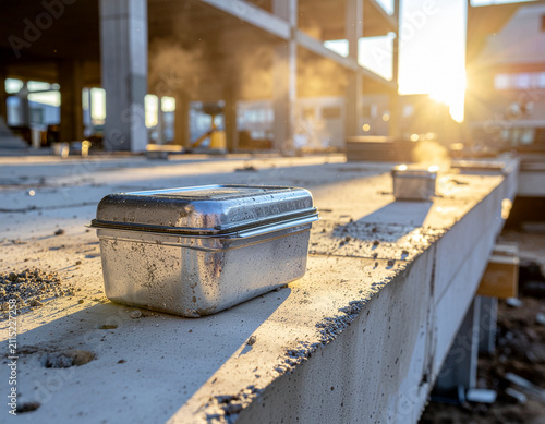 a metallic lunch box on a concrete ledge at an active building construction site during a sunny morning break