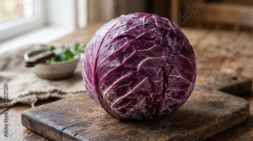 Fresh whole red cabbage resting on a rustic wooden cutting board
