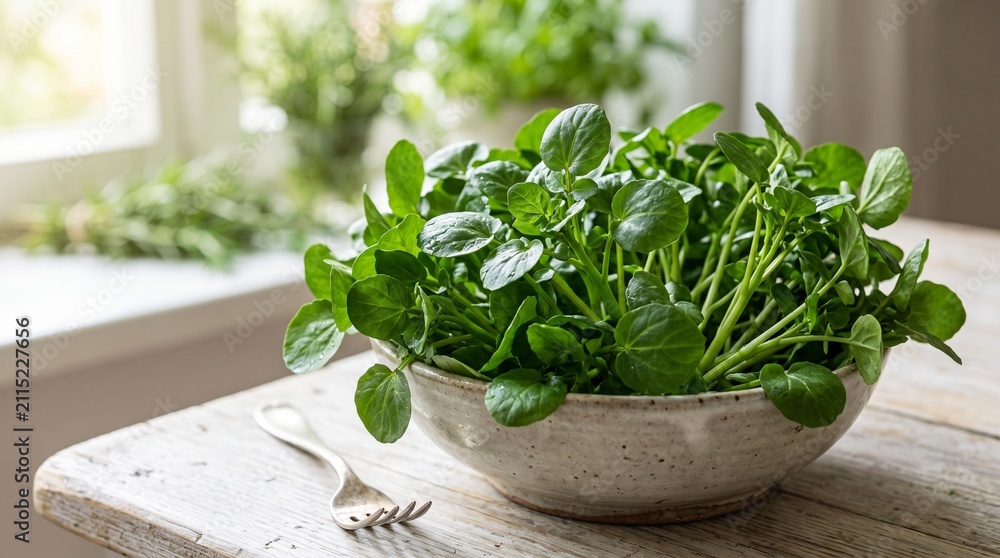 Fototapeta premium Fresh watercress in a rustic bowl on a wooden table with a fork
