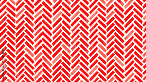 Red herringbone pattern with interlocking angular strokes, white gaps, and repeating textile geometry, herringbone, red, strokes,