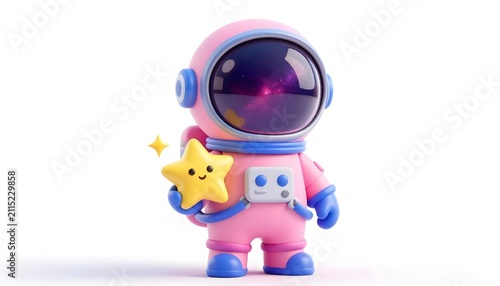 Cute cartoon astronaut in pink suit holding a smiling star with sparkles