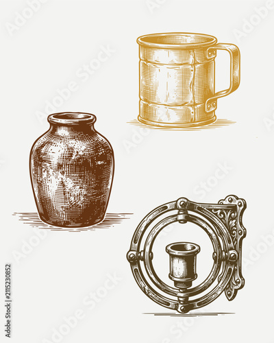 Quadro su tela shipboard cabin utilities and daily life essentials ceramic brine bottle, gimbal