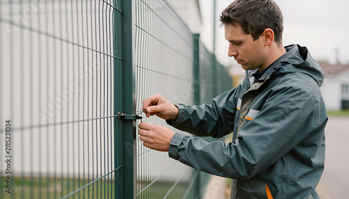A focused construction worker in a dark jacket is attaching a tie wire to a green mesh fence post on an overcast day.