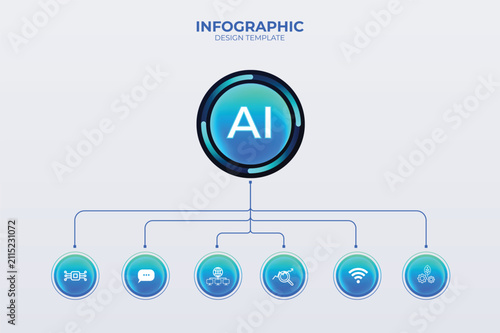 Design template for a business or student infographic with six glowing Blue and green (buttons) options, steps, or processes. Tech Icons. Workflow layouts, diagrams, annual reports, website. UI UX 