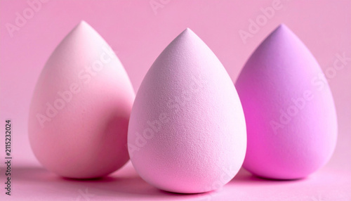 Three pink makeup beauty blenders on a soft pastel background. Professional makeup sponges on pink pedestal still life photography.