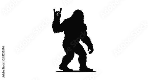 Quadro su tela Black silhouette of a bigfoot creature making a rock and roll hand gesture on wh