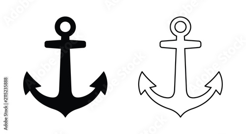 Foto Set of two nautical ship anchor icons featuring a solid black silhouette and a s