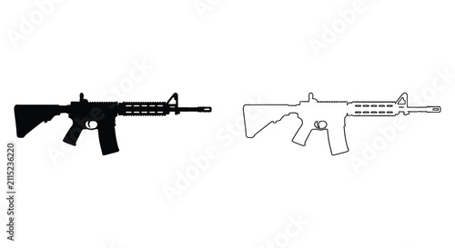 Принти на полотні A black silhouette and a simple line drawing of an assault rifle isolated on a w
