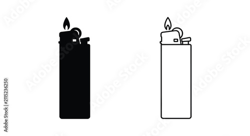 Black and white vector illustration of a cigarette lighter with a small flame icon set