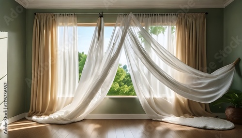 a temporary white curtain hangs in front of a window gently swaying in the breeze the soft fabric partially obscures the view outside adding a touch of privacy to the room