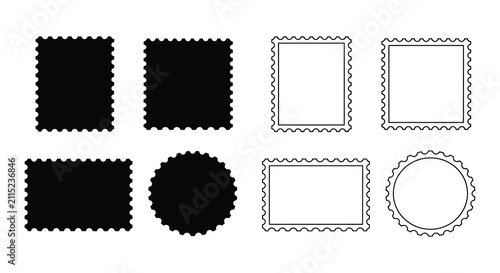 Set of black silhouette and outline postage stamp shapes with various serrated edges on white background