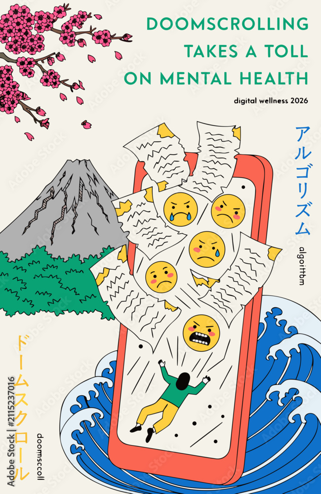 Obraz premium Doomscrolling ukiyo-e digital wellness poster