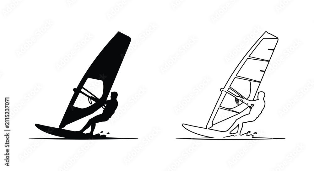 Obraz premium Set of windsurfing icons featuring a solid black silhouette and a detailed line art outline illustration