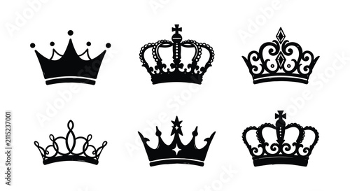 Foto Set of six black silhouettes of royal crowns isolated on a white background for