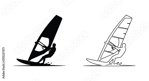 Foto Set of windsurfing icons featuring a solid black silhouette and a detailed line