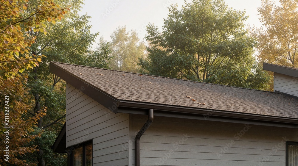 Obraz premium Modern house with roof, gutter system set against backdrop of trees in autumn foliage. Structure shows clean lines, sloped roof design. This image highlights seasonal changes, exterior home elements.