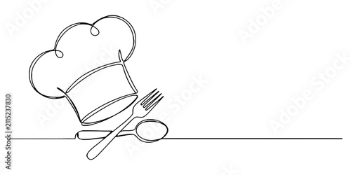 chef's hat and utensils continuous one line drawing, Ladle, cooking spatula and chef's cap in one solid line. Single line editable cutlery template for business cards, banners. Symbol, Continuous Line