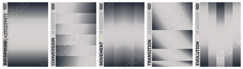 Monochrome technical line grid poster set with kinetic halftone distortion patterns, Minimalist geometric visual transformation and abstract structural evolution artwork with transition effect set 4