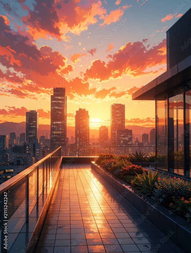 Obraz premium City skyline view from modern building rooftop balcony at golden sunset hour. Orange clouds fill sky above urban skyscrapers, mountain landscape. Terrace garden plants grow near glass railings. Warm