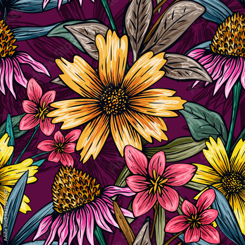 Vibrant decorative seamless floral pattern featuring hand drawn artistic botanical floral design illustration, stylized flowers and leaves with textured strokes and vivid contrast colorful background