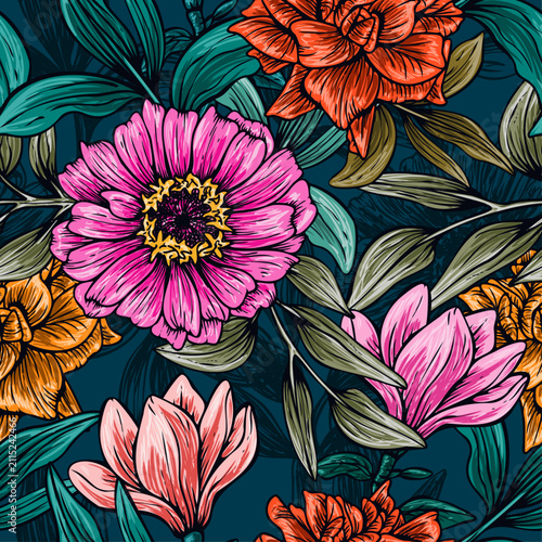 Vibrant decorative seamless floral pattern featuring hand drawn artistic botanical floral design illustration, stylized flowers and leaves with textured strokes and vivid contrast colorful background