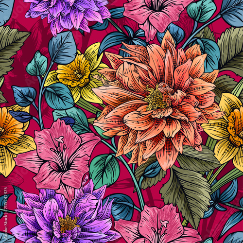 Vibrant decorative seamless floral pattern featuring hand drawn artistic botanical floral design illustration, stylized flowers and leaves with textured strokes and vivid contrast colorful background