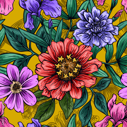 Vibrant decorative seamless floral pattern featuring hand drawn artistic botanical floral design illustration, stylized flowers and leaves with textured strokes and vivid contrast colorful background