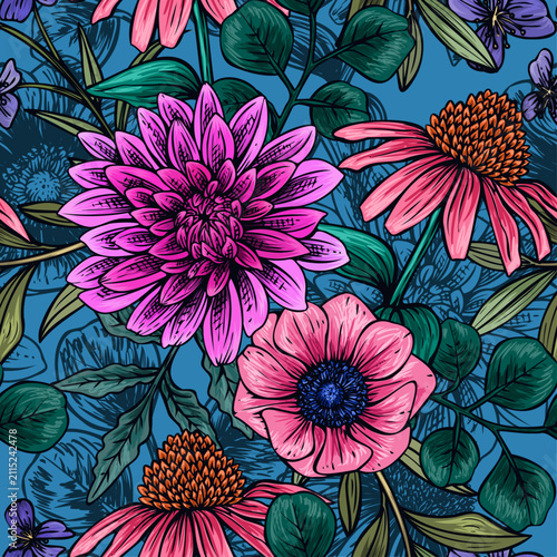Vibrant decorative seamless floral pattern featuring hand drawn artistic botanical floral design illustration, stylized flowers and leaves with textured strokes and vivid contrast colorful background