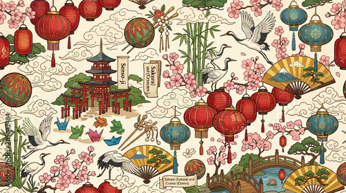 Fotografie A highly dense and intricate seamless pattern set against a warm cream paper background, executed in a premium vector illustration style with clean lines