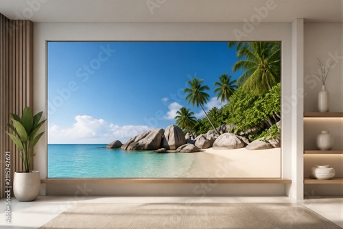 Beach mural depicting tropical palm cove in modern interior