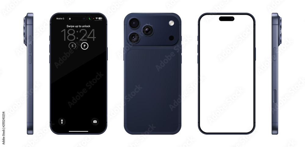 Naklejka premium Detailed blue mobile phone mockup. Front, rear and side view isolated on transparent background. Vector PNG