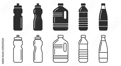 Solid and Outline Plastic Water Bottle and Gym Hydration Jug Icon Set Vector