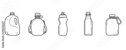 Reusable Sports Water Bottle and Hydration Flask Outline Icon Set Vector
