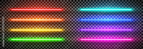 Realistic rainbow led neon horizontal bulb tube light pack isolated. Lazer effect straight lines. Laser beam fluorescent LED halogen diode. Vector illustration
