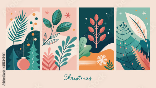 Merry Christmas Greeting Card Set with Holly Berries, Botanical Leaves, Xmas Minimal design of banner, poster, cover templates, Flat Vector Illustration